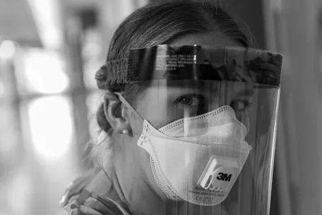 Portrait photography, art zoom studio, covid 19, pandemic, shield, face mask, nurse, hospital
