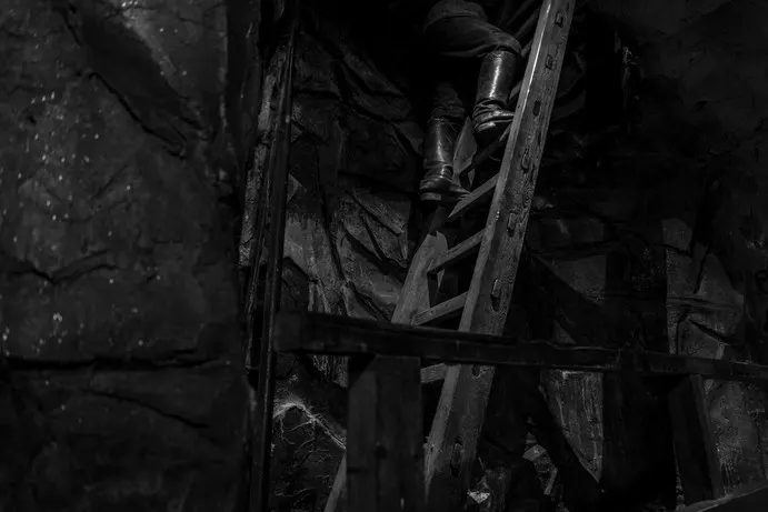 black and white photography, mine, dark, boots, ladder, stones, hard work, art zoom studio
