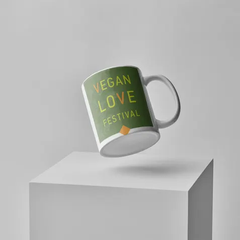 Mug, logo on mug, vegan love festival logo by art zoom studio, colour logo
