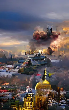 War in Ukraine digital painting by art zoom studio, war, ukraine, bombing, missile attack, smoke, fire