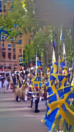 Swedish national day digital painting by art zoom studio, artwork, parade, swedish flag, blue and yellow colour, people