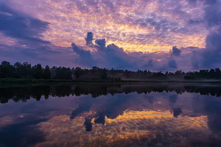 Landscape, lake, forrest, sunset purple colour, clouds, art zoom studio photography