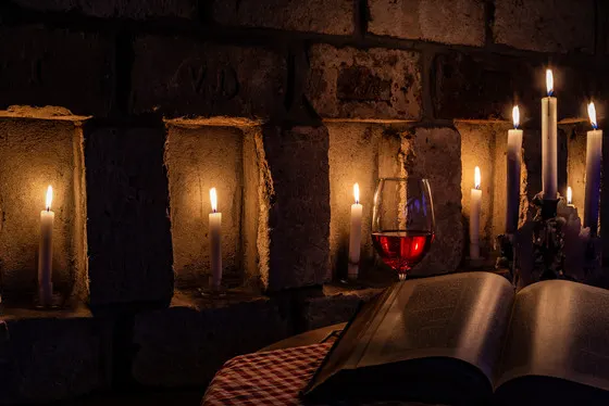 Chill, relax, vine, book, candle, cottage, brick wall, table, art zoom studio photography